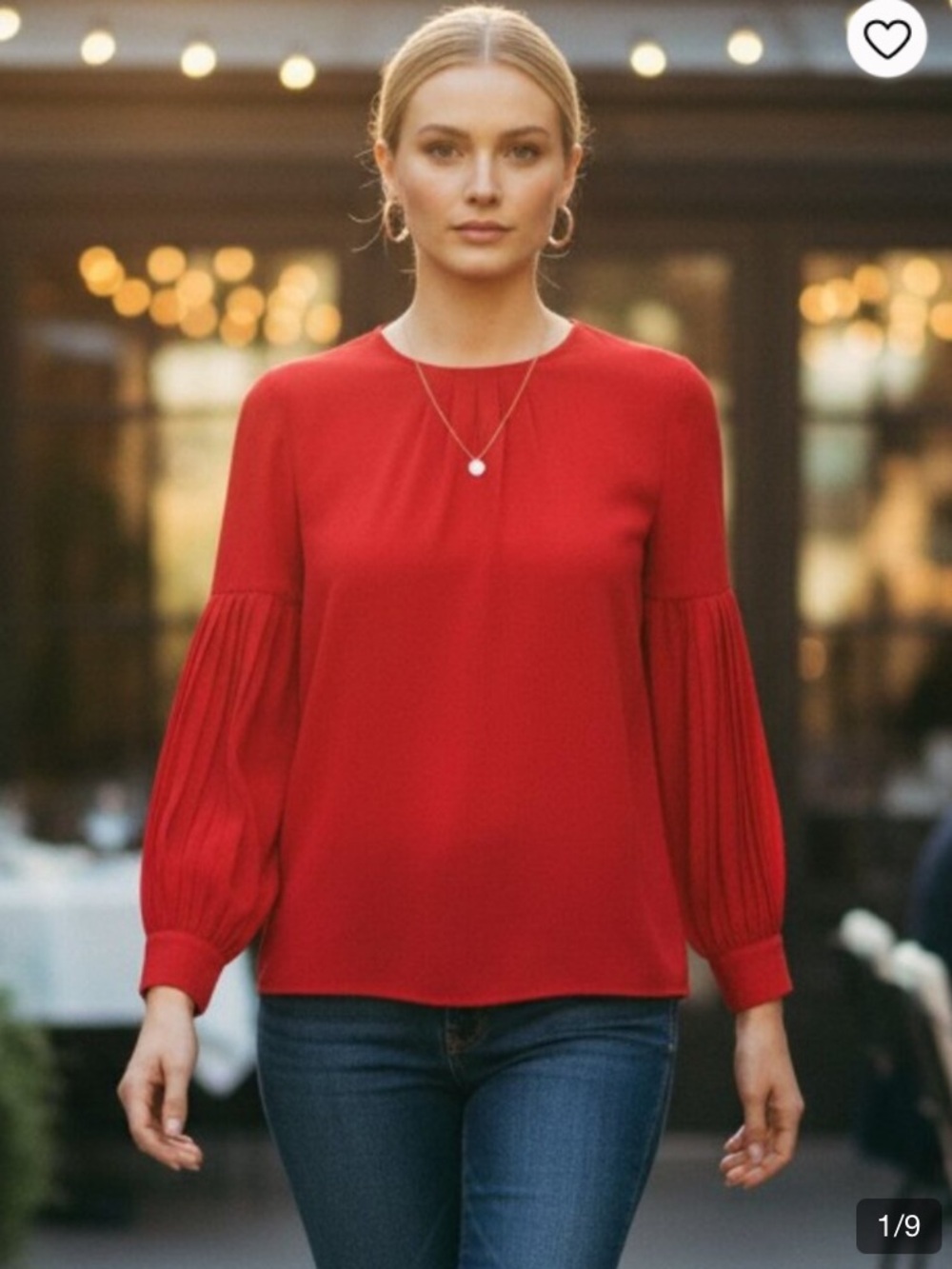 Tuckernuck Tara Red Pleated-Sleeve Round-Neck Blouse